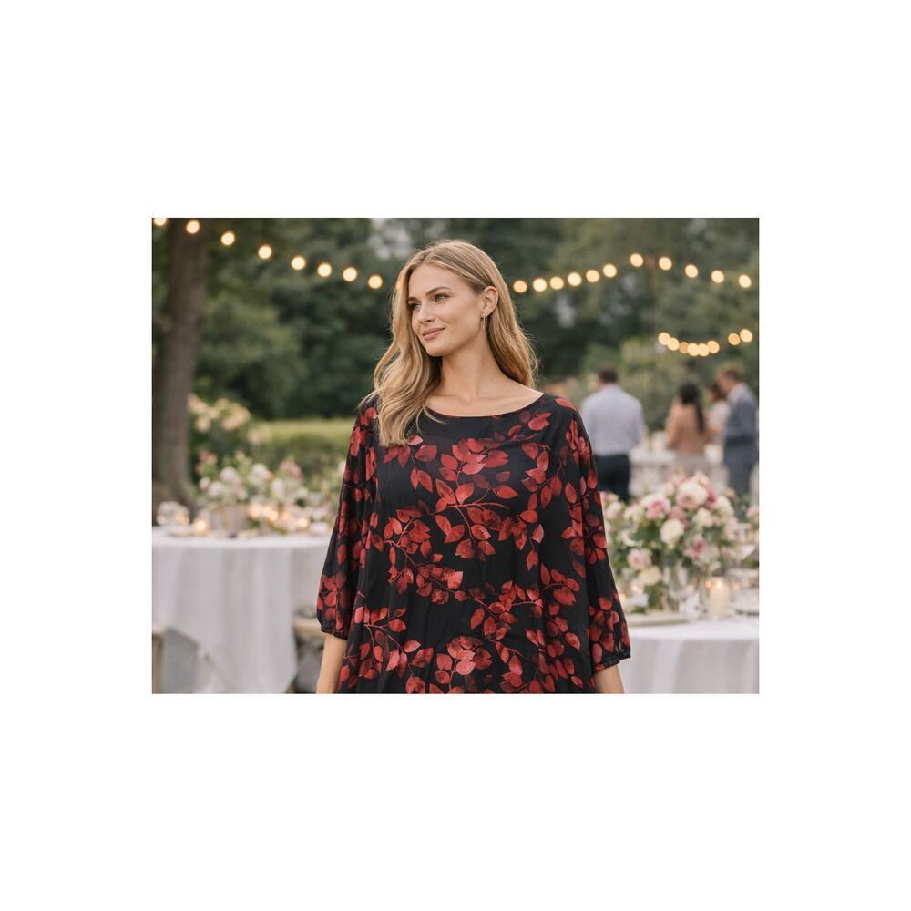 Finlayson Black Red Leaf Boho Oversized Soft Scoop Flowy Dress EU 36 Viscose